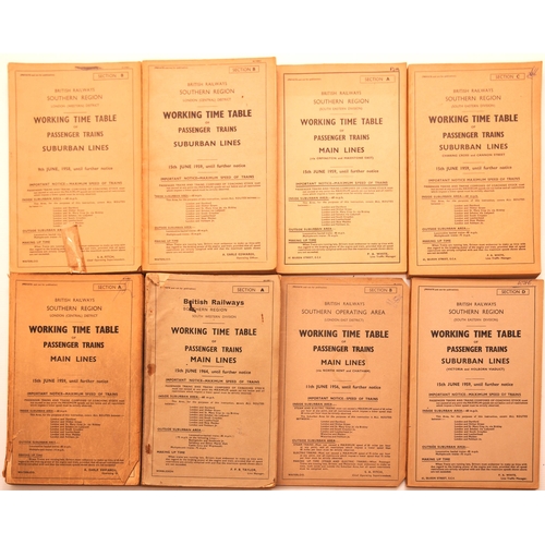 769 - Working timetables, BR(S), mainly London, Central, SW, SE Division, some covers worn. (8)