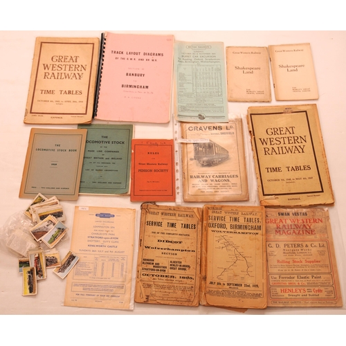 806 - Publicity and paperwork, GWR working timetables, handbills, booklets, trade cards, paperwork, as sho... 