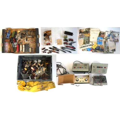 807 - Model railway, end of collection variety of accessories + catalogues and paperwork, transformers, as... 