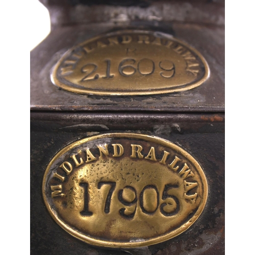 814 - Midland Railway handlamp, complete with interior and MR brass plates, the top cap loose, original co... 