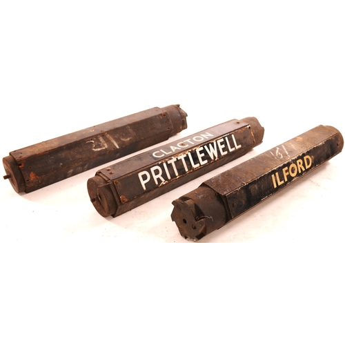 834 - Departure indicator rollers from Liverpool Street, plates PRITTLEWELL (enamel), CLACTON (plastic), W... 