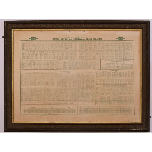 876 - BR(W) South Devon & Cornwall timetable, large hanging card, Summer 1963, framed, marks, minor defect... 