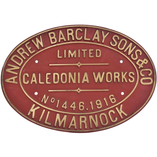 887 - Worksplate, ANDREW BARCLAY, 1446, 1916, from a standard gauge 0-4-0ST new to the Ministry of Munitio... 