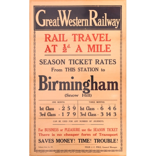 895 - GWR double royal poster, Season Tickets, Routes to Birmingham Snow Hill From This Station, 1925, rep... 