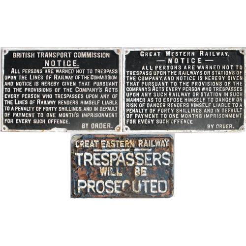 1029 - Trespass notices, GWR, GER, BTC, cast iron, all damaged, broken, repaired, parts missing, etc. (3)