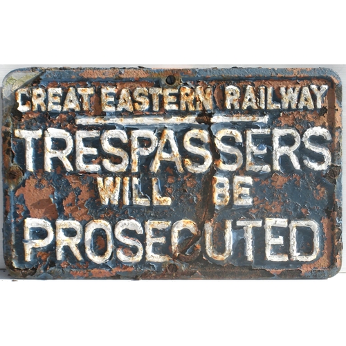 1029 - Trespass notices, GWR, GER, BTC, cast iron, all damaged, broken, repaired, parts missing, etc. (3)