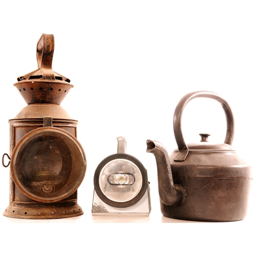 1051 - Lamps, large three aspect Bulpitts + Bardic and cast iron kettle. (3)