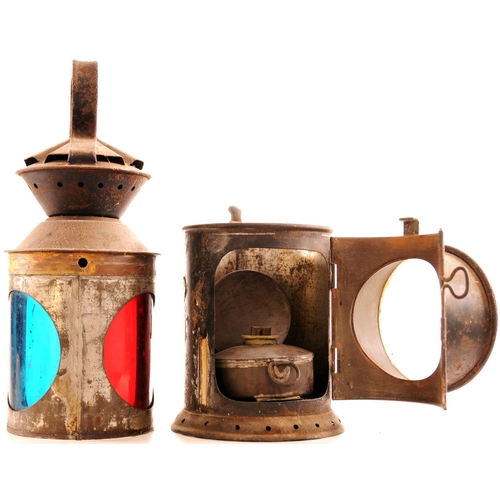 1051 - Lamps, large three aspect Bulpitts + Bardic and cast iron kettle. (3)