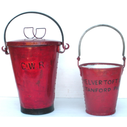 1053 - Fire buckets, GWR, embossed, and another painted YELVERTOFT, both repainted. (2)