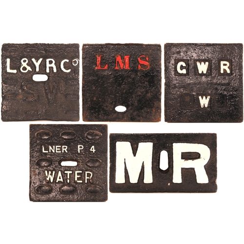 1087 - SV covers, MR, LMS, LNER, GWR, LYR, cast iron, repainted. (5)