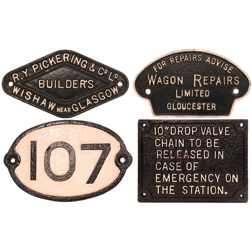 1141 - Bridgeplate, NER, 107, Wagonplates PICKERING and WAGON REPAIRS GLOUCESTER and DROP VALVE station pla... 