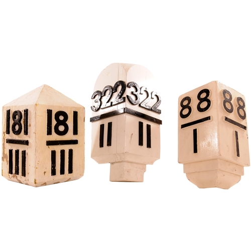 1145 - Wooden mile posts, 88/1, 181/111, 322/11, cast numbers, repainted. (3)