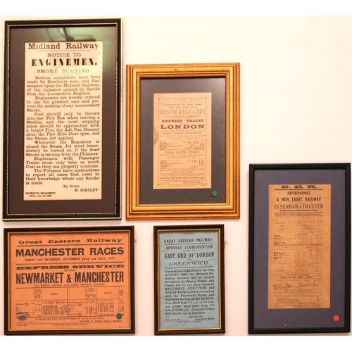 1171 - GER handbills, framed and glazed, with mounts, also MR loco smoke notice 1859, sizes range from 6