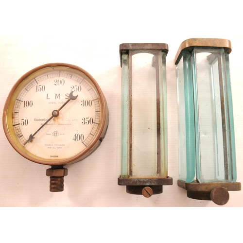 1181 - LNER gauge + pair of gauge glass protectors. (3)