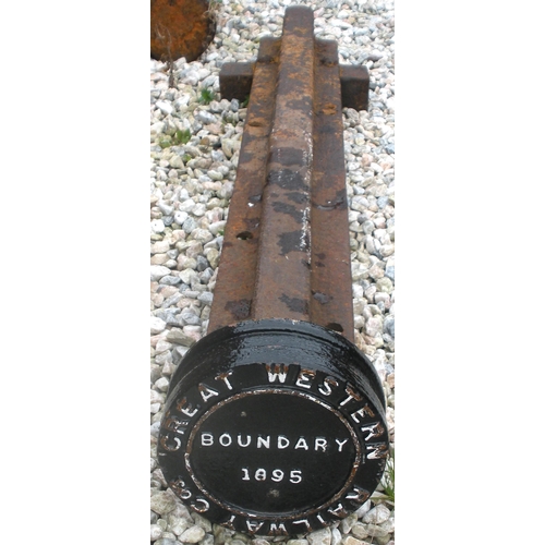 1189 - GWR 1895 boundary post, cast iron, mounted on a length of bridge rail.