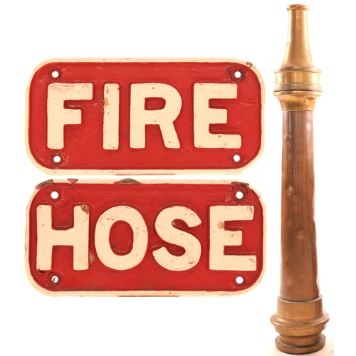 1193 - NER fire hose nozzle + cast iron sign FIRE HOSE in two separate sections. (3)