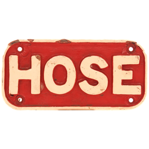 1193 - NER fire hose nozzle + cast iron sign FIRE HOSE in two separate sections. (3)