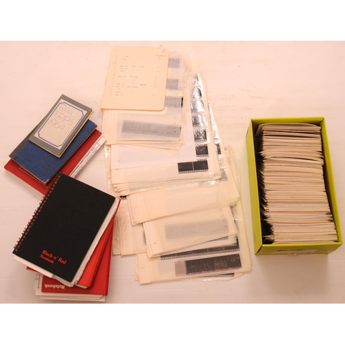 918 - Collection of photographic material, a banana box of postcard photos, slides and spotter's note book... 