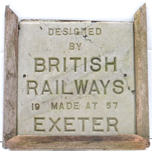 929 - Makers plate, DESIGNED BY BRITISH RAILWAYS, MADE AT EXETER 1957, concrete, 17