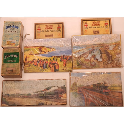 939 - GWR Chad Valley jigsaws, complete, SWANSEA DOCKS, THE FREIGHT TRAIN, boxes reasonably good, FISHGUAR... 