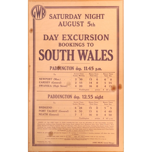 941 - GWR double royal poster, SOUTH WALES EXCURSIONS, 1933, a few marks, edge nicks, generally good.