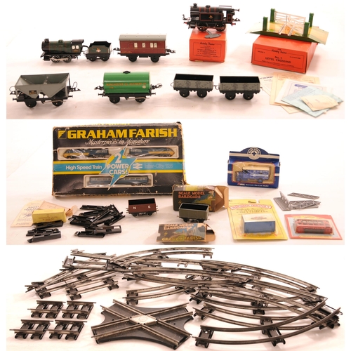 962 - Hornby 0 Gauge, clockwork locos x2, level crossing, track, etc, Farish HST, box poor, and other item... 