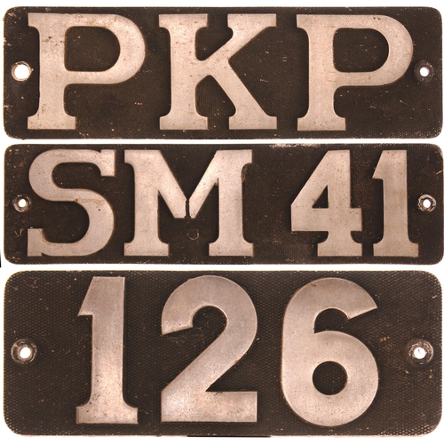 Polish loco plates, SM41, 126, PKP, cast aluminium, 20½", 14½", 18¾" by 5¾", ex loco condition. (3)