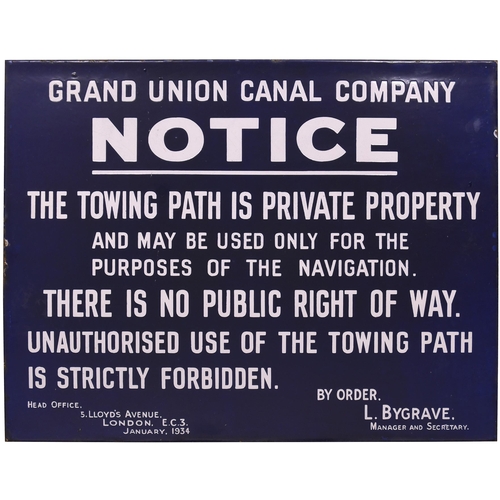 1 - A Grand Union Canal Company towpath notice, 1934, enamel, 22½