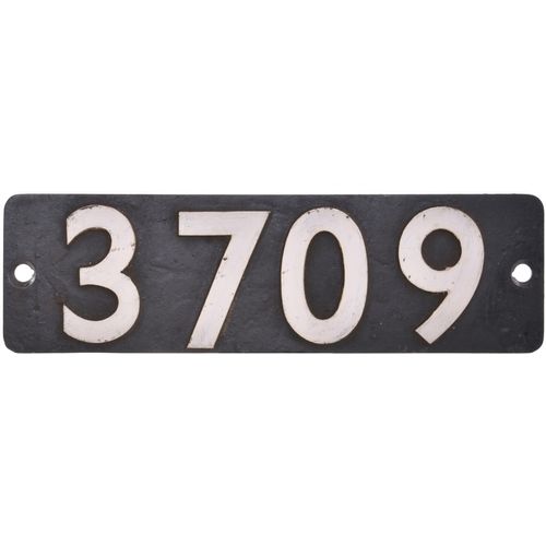 109 - A smokebox numberplate, 3709, from a GWR 8750 Class 0-6-0PT built at Swindon in October 1936. A long... 