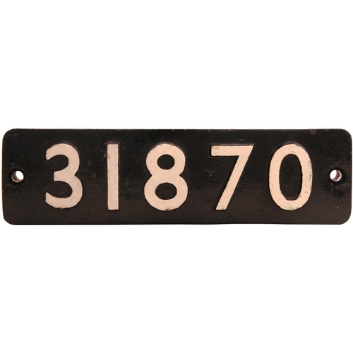 111 - A smokebox numberplate, 31870, from a (South Eastern & Chatham Railway) N Class 2-6-0 No A870 assemb... 