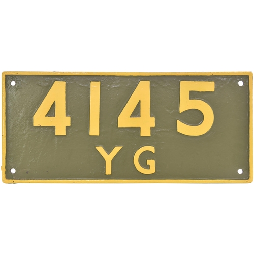 115 - An Indian Railways cabside numberplate, 4145, YG, from a metre gauge 2-8-2 Indian Rlys. class YG bui... 