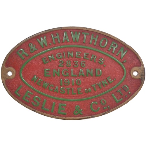 119 - A worksplate, HAWTHORN LESLIE, 2836, 1910, from a standard gauge 0-4-0ST new to John Brown & Co Ltd ... 