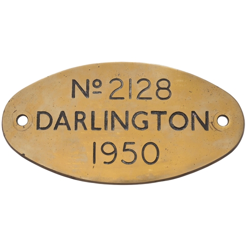 147 - A worksplate, No 2128, DARLINGTON, 1950, from a (LMS) Class 4 2-6-0 No 43086 allocated new in Novemb... 