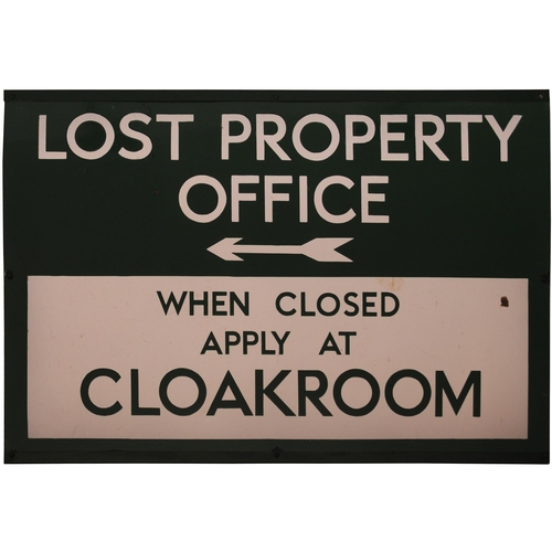 153 - A Southern Railway station sign, LOST PROPERTY OFFICE, (arrow) WHEN CLOSED APPLY AT CLOAKROOM, ename... 