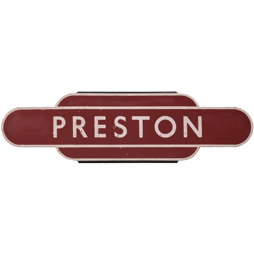 167 - A BR(M) totem sign, PRESTON, (h/f), from the West Coast Main Line, excellent colour and shine, thoug... 