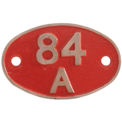 171 - A shedplate, 84A, Plymouth Laira (September 1963 to May 1973). Cast aluminium, the front repainted, ... 