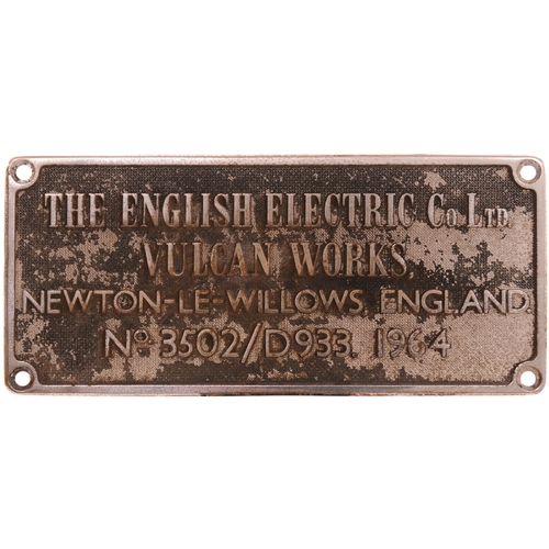 179 - A worksplate, ENGLISH ELECTRIC/VULCAN FOUNDRY, 3502/D933, 1964, from a BR Class 37 D6945 built in Oc... 