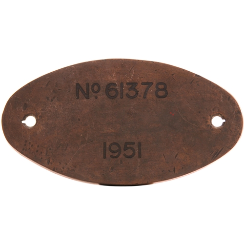 182 - A works numberplate, No 61378, 1951, from a (LNER) B1 Class 4-6-0 built by the North British Locomot... 