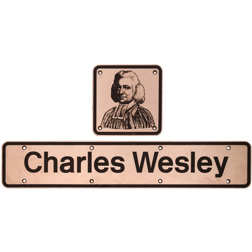 184 - A nameplate, CHARLES WESLEY, with its badge portrait of the 18th Century Methodist clergyman, poet a... 