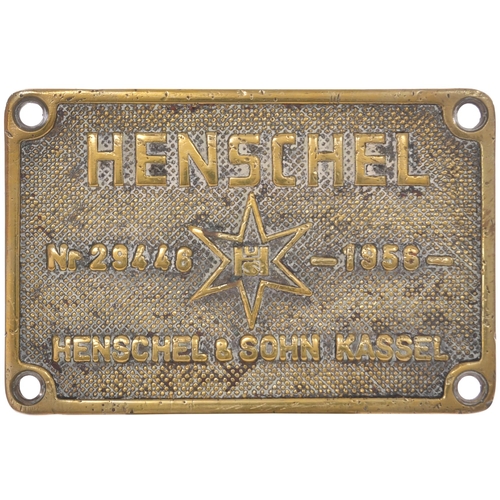 197 - A worksplate, HENSCHEL, 29446, 1958, from a metre gauge 2-6-2 Indian Railways standard light seconda... 