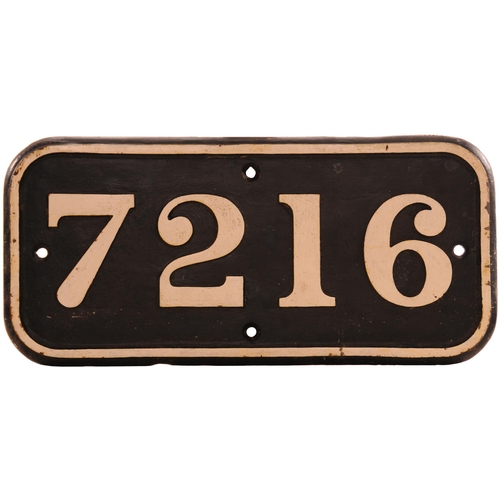 201 - A GWR cabside numberplate, 7216, from a 7200 Class 2-8-2T rebuilt at Swindon in November 1934 from a... 