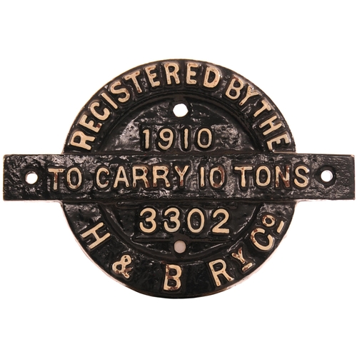 A Hull and Barnsley Railway wagon registration plate, 3302, 1910, 10 TONS, cast iron, 8½"x6", the front repainted, a repair to the right end. (Postage Band: B)