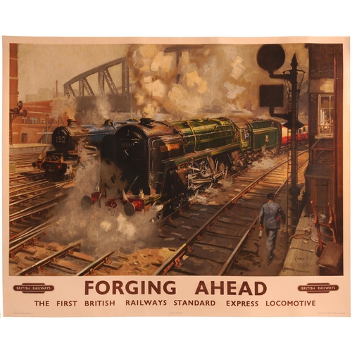 208 - A BR(W) quad royal poster, FORGING AHEAD, by Terence Cuneo, a classic poster of 7000 Britannia leavi... 