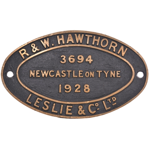 233 - A worksplate, HAWTHORN LESLIE, 3694, 1928, from a LNER N2 Class 0-6-2T No 2665 which was renumbered ... 