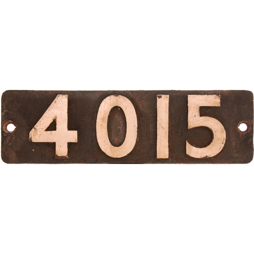 235 - A smokebox numberplate, 4015, from a GWR 4000 Star Class 4-6-0 built at Swindon in March 1908 and na... 