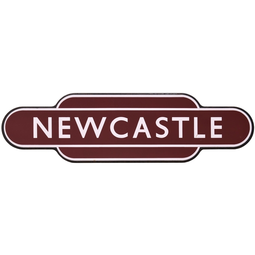 258 - A BR(M) totem sign, NEWCASTLE, (f/f), from the Stoke-On-Trent to Market Drayton route. The station c... 