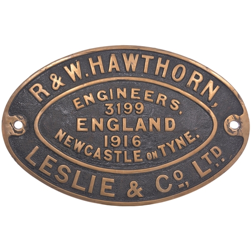 275 - A worksplate, HAWTHORN LESLIE, 3199, 1916, from a standard gauge 0-4-0ST new to Steel Peech & Tozer,... 