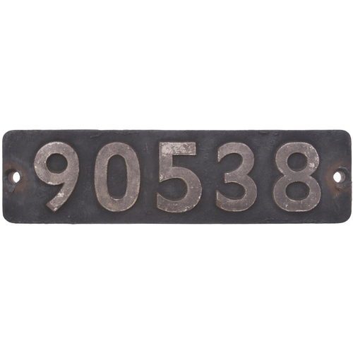 281 - A smokebox numberplate, 90538, from a War Department Austerity 2-8-0 built by Vulcan Foundry, Works ... 