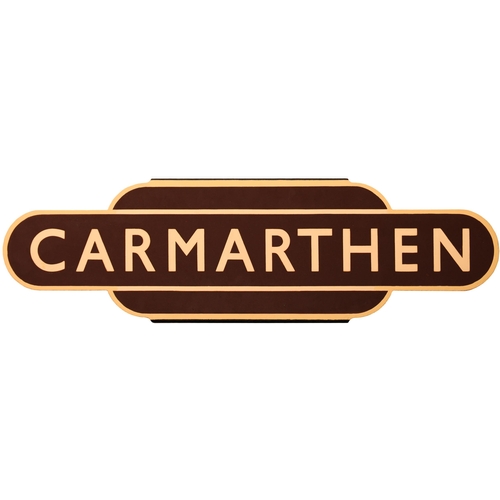 323 - A BR(W) totem sign, CARMARTHEN, (h/f), from the main line to Fishguard Harbour, junction for Aberyst... 