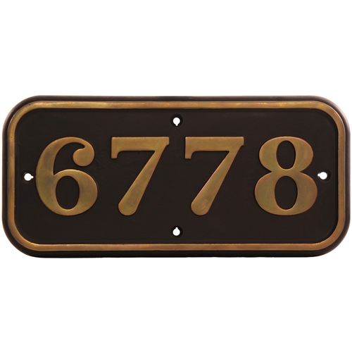 349 - A (GWR) cabside numberplate, 6778, from a 8750 Class 0-6-0PT built at Swindon in December 1950. Allo... 